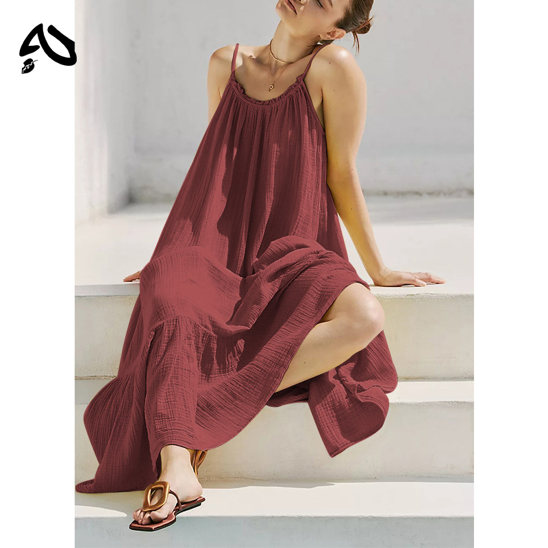 Robe de plage élégante en mousseline, style décontracté, 100% coton, robes maxi rétro, coupe trapèze, sans manches, robe d'été, pour les vacances et les voyages