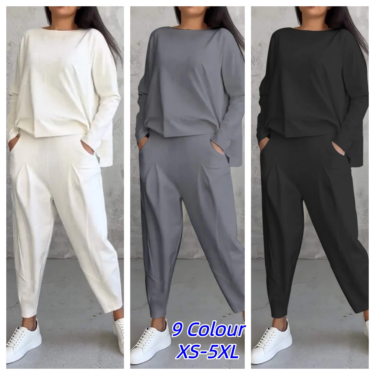 Ensemble de survêtement pour femme, 2 pièces, col rond, manches longues, t-shirt ample, pantalon uni avec poches, style décontracté