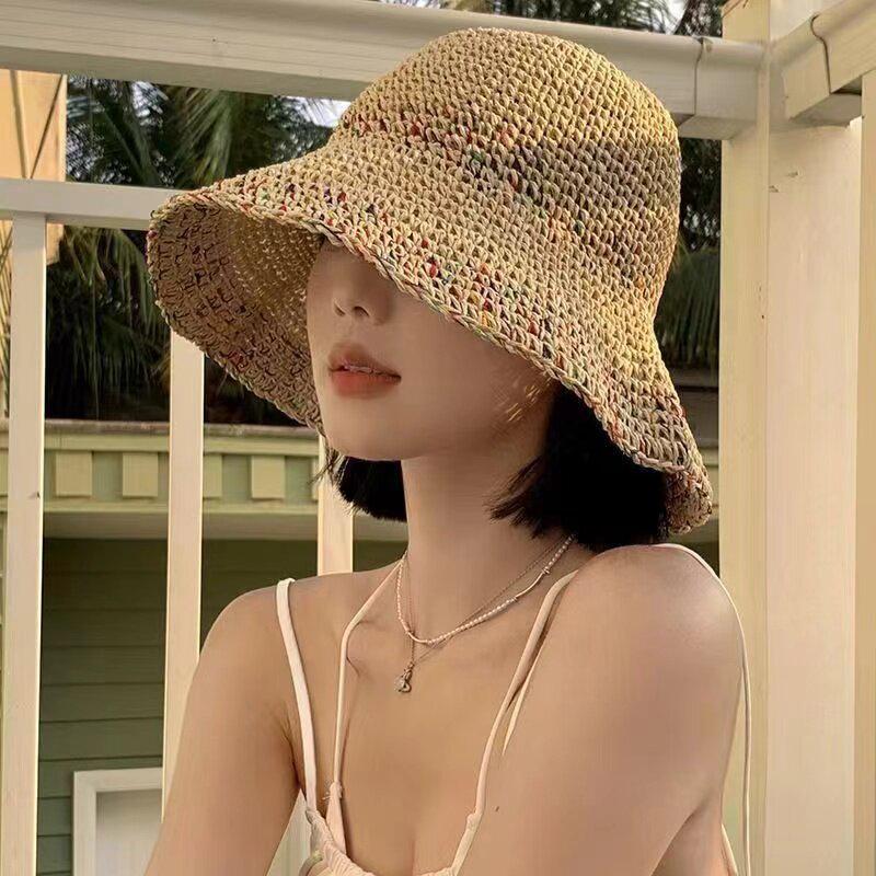 Chapeaux de paille arc-en-ciel tissés à la main pour femmes, casquettes de pêcheur coréennes d'été respirantes, casquette de plage à large bord pour filles
