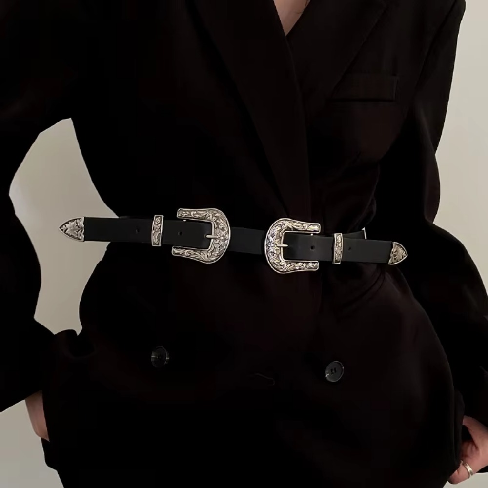 Ceinture noire polyvalente personnalisée pour femme, design à double boucle, ceinture littéraire haut de gamme, nouveau style, tendance