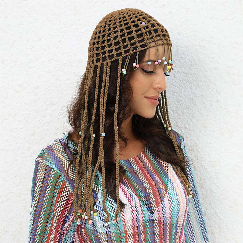 Chapeau en crochet style ethnique, chapeau de plage à pompons, bandeau perlé en maille à pompons, accessoire de cheveux style bohème, tenue tendance ﻿