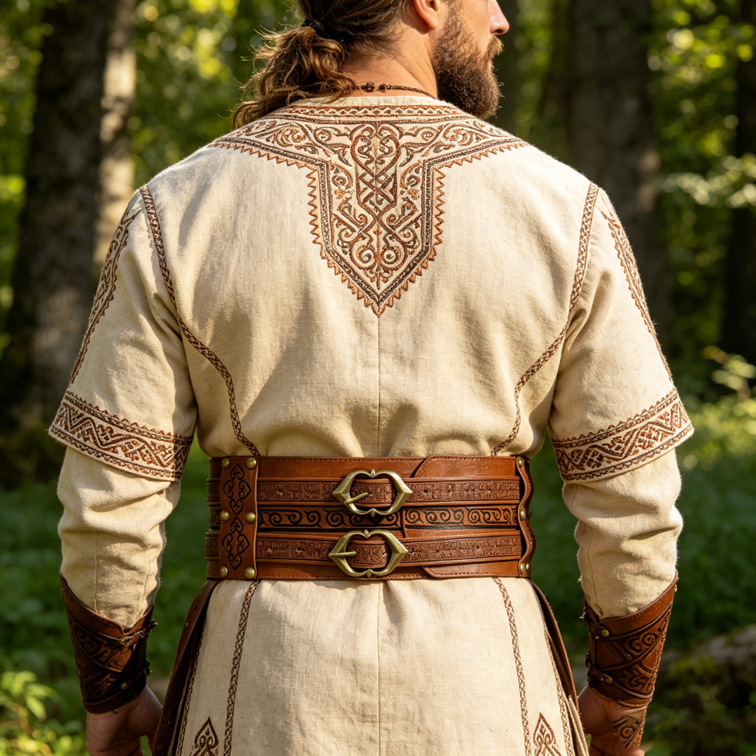 Ceinture large en cuir gaufré style Viking, avec double boucle médiévale pour LARP et Cosplay