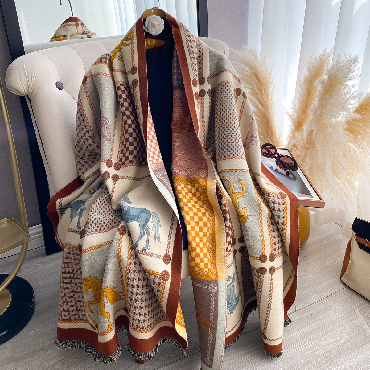 Écharpe imprimée cheval double face en Imitation cachemire pour femme, châle Pashmina doux et chaud, couverture coupe-vent résistante au froid, nouvelle collection automne hiver