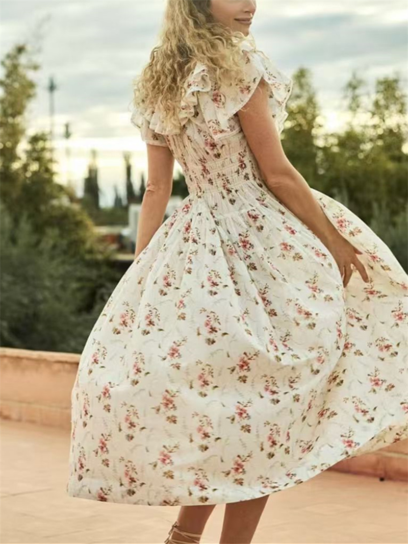 Robe longue plissée à imprimé floral pour femme, col à volants, manches volantées, taille élastique, 100 % coton, idéale pour les vacances
