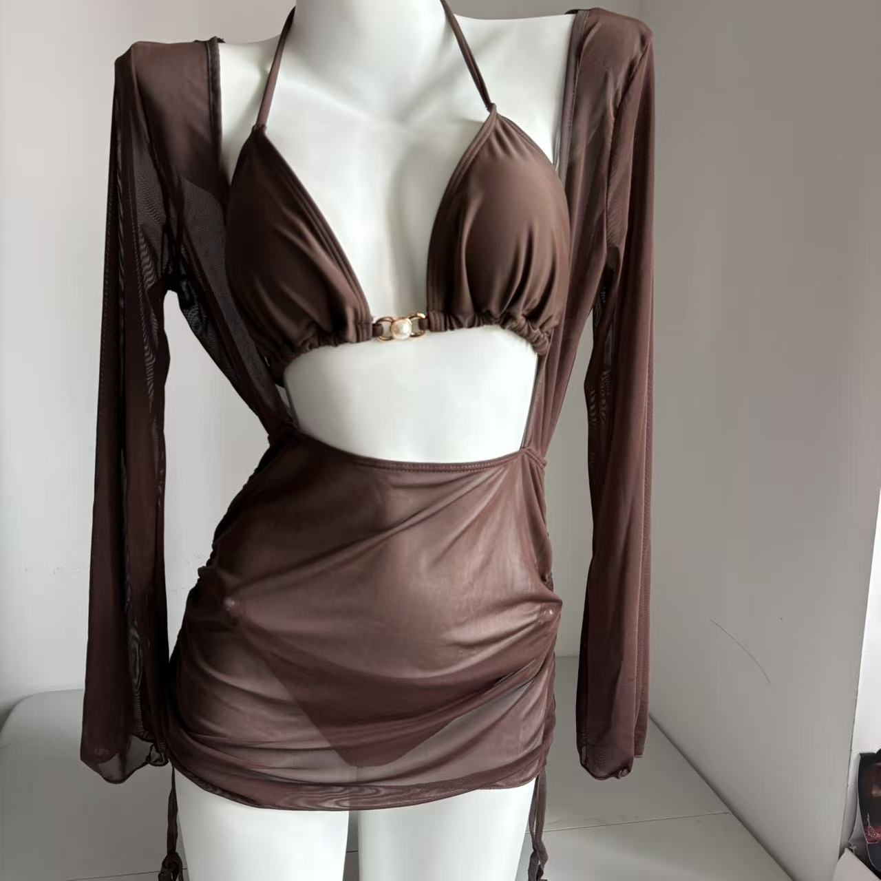 Ensemble de maillot de bain 3 pièces 2026 pour femme, maillot de bain string sexy, ensemble bikini assorti, robe de plage à manches longues, tenue de plage