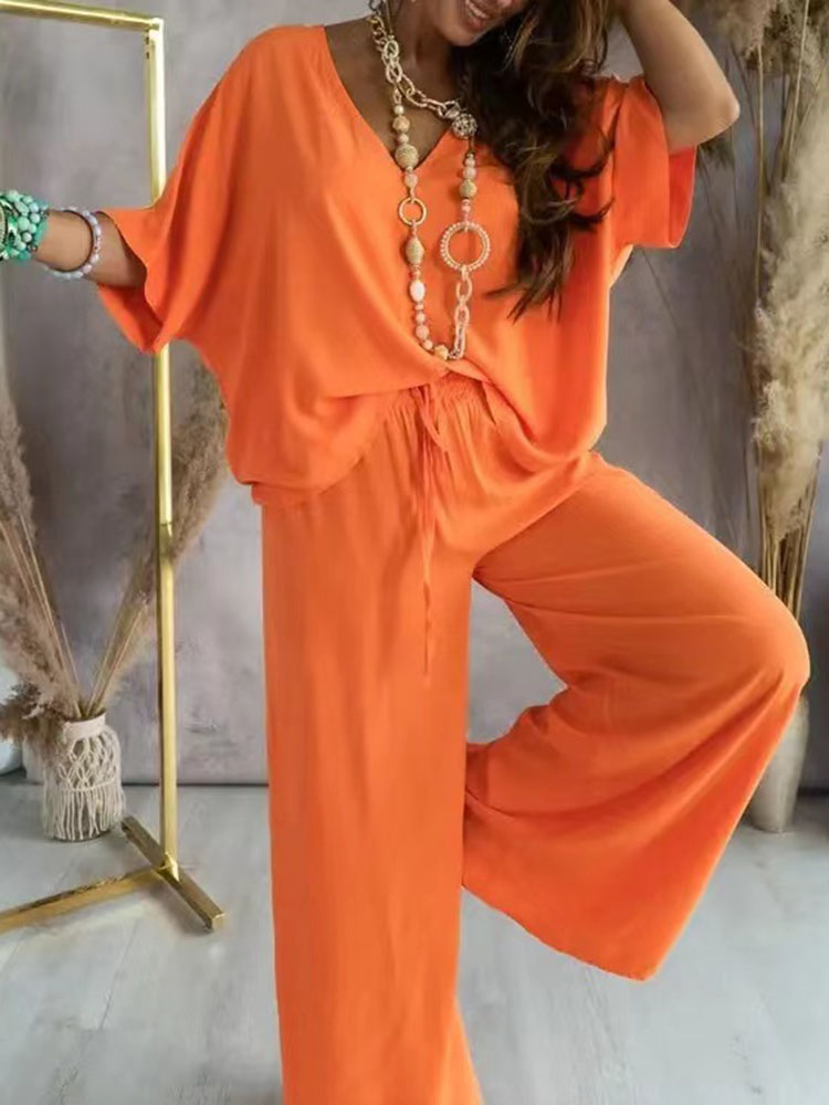 Ensemble deux pièces décontracté pour femme, pantalon à jambes larges, col en V, manches chauve-souris, tenues de documents solides, été, 2023 ensembles pantalons ensemble pantalon femme chic et élégante ensemble femme