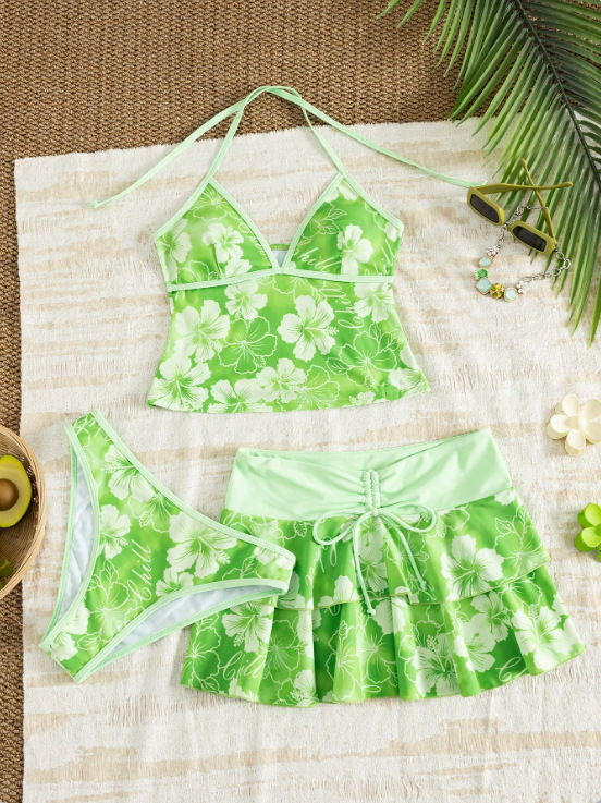 Ensemble Tankini 3 Pièces Floral pour Femme : Haut Halter, Culotte Bikini et Jupe de Bain à Volants Superposés avec Cordon de Serrage – Maillot de Bain Tropical pour la Plage