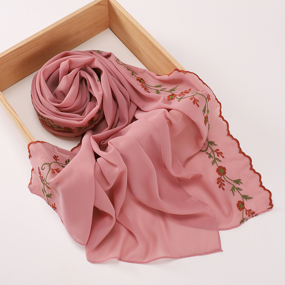 Hijab en mousseline de soie brodé de motifs floraux, écharpe à bord festonné, châle doux, châle islamique pour femmes, foulard pour femmes musulmanes