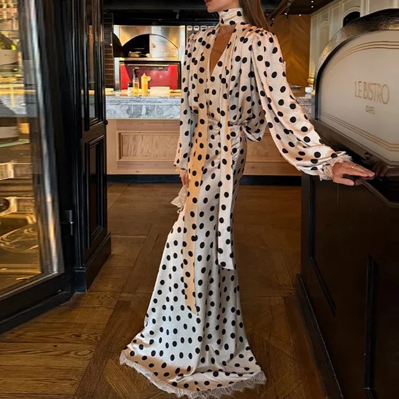Robe longue élégante à col en V et manches longues pour femme, style vintage à pois, taille haute, moulante, en polyester, collection printemps
