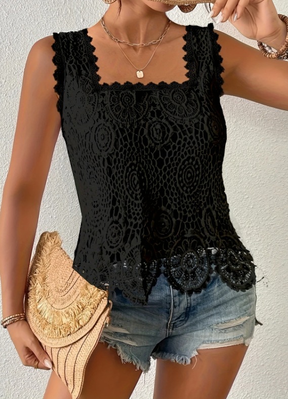 Débardeur Femme Col Carré Sans Manches Dentelle Épissée Y2K Streetwear Élégant Décontracté Travail Coupe Slim Évidé Camisole 2026