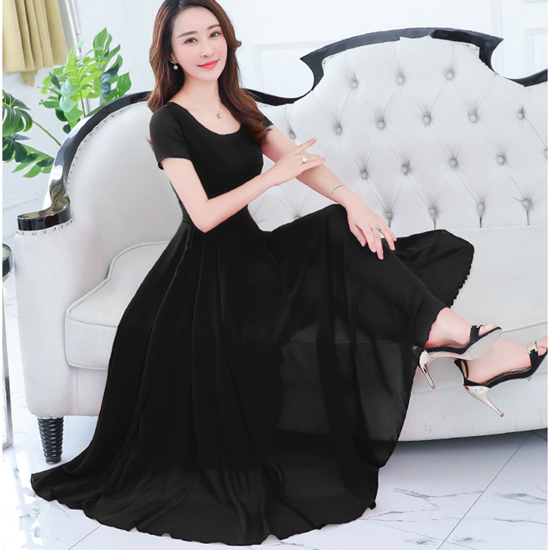 Robe de plage maxi en mousseline de soie pour femmes, vintage, décontractée, coréenne, tambour, sexy, noire, robe de soirée, éducative, élégante, couleur unie, bohème, été, 2024