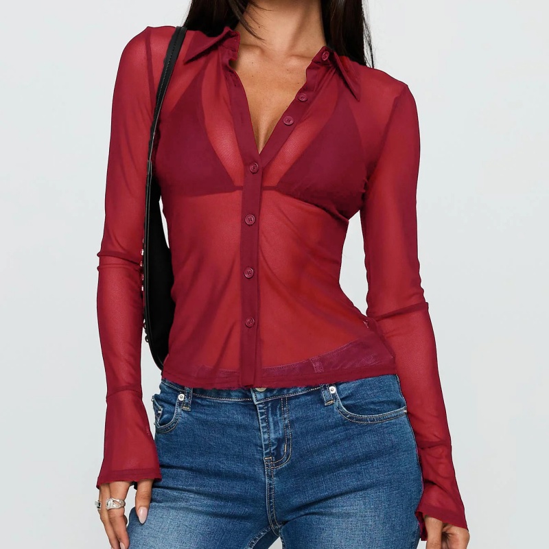 Chemises boutonnées transparentes pour femmes, chemisier à manches longues en maille transparente, chemise boutonnée sexy, hauts pour sortir, streetwear