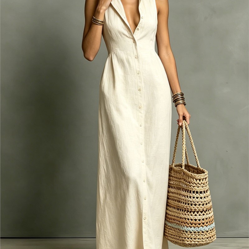 Nouvelle Robe Chemise Longue Femme Col V Sans Manches Boutonnée Coupe Slim Décontractée pour l'Été et les Fêtes