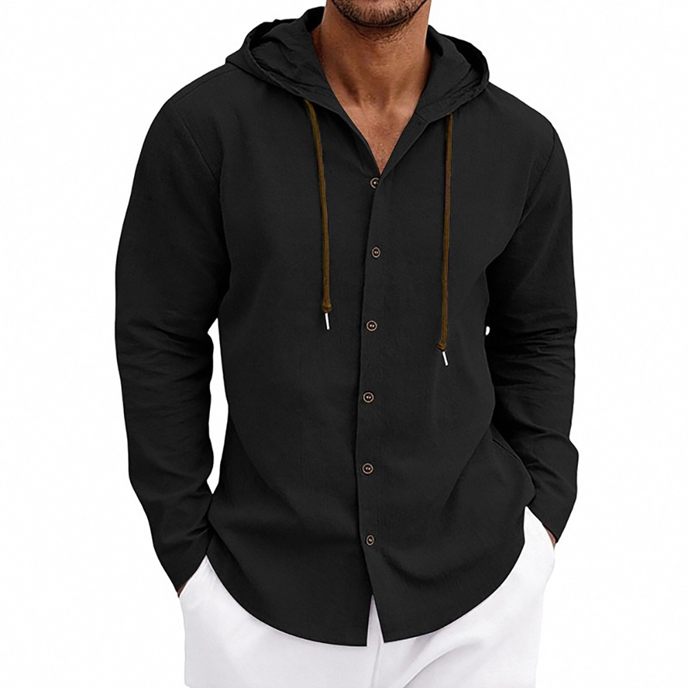 Chemise à capuche pour homme en coton et lin, couleur unie, style simple, avec cordon de serrage, style basique, confortable, légère, décontractée, à boutons