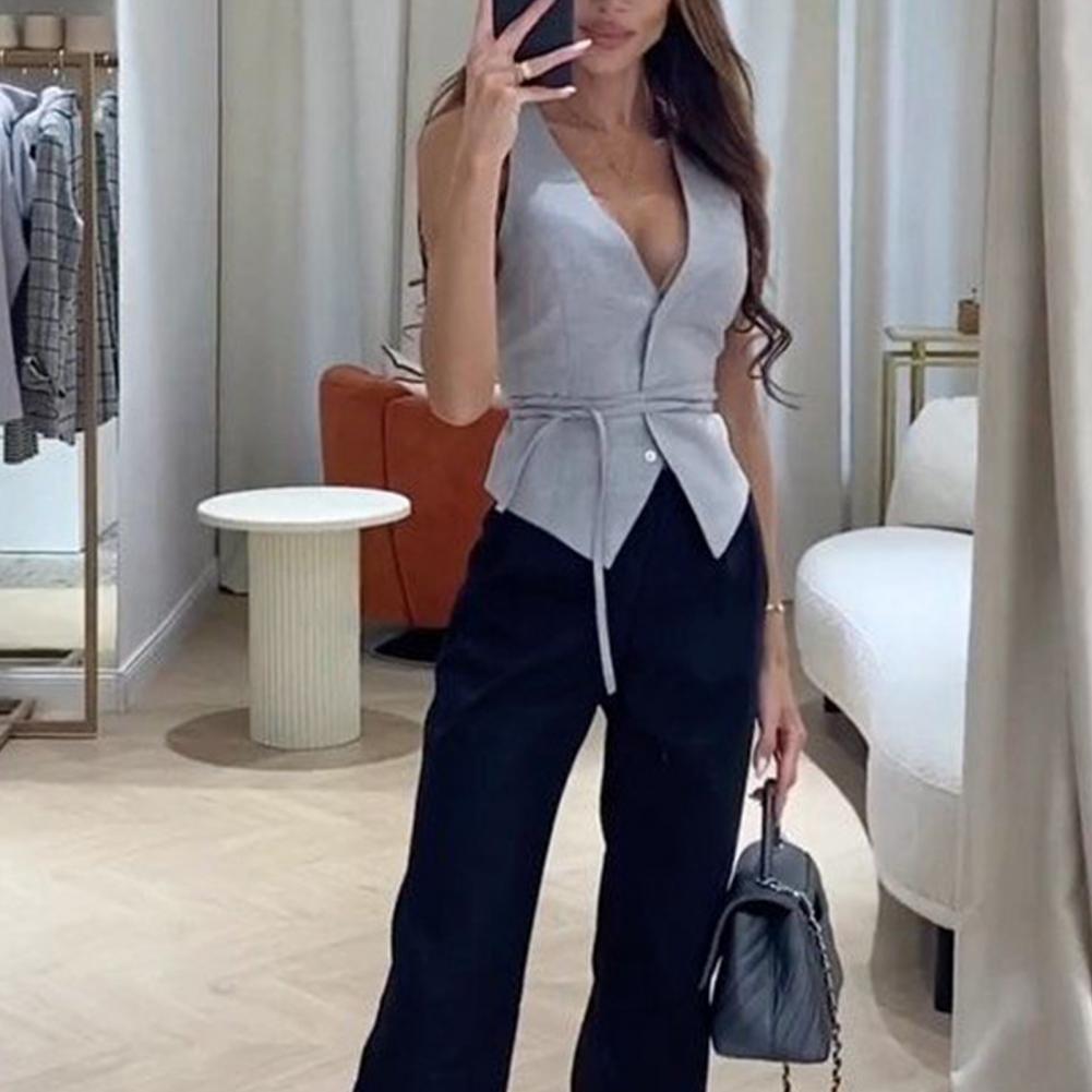 Gilet sexy à col en V profond pour femmes, chemisier à lacets, haut précieux, sangle d'été, document solide