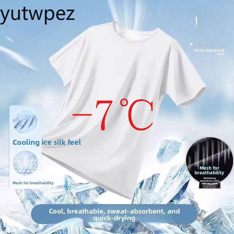 T-shirt Homme en Soie Glacée à Manches Courtes Col Rond Respirant Fin Sport Course Séchage Rapide Doux Élastique Extérieur 5XL Été
