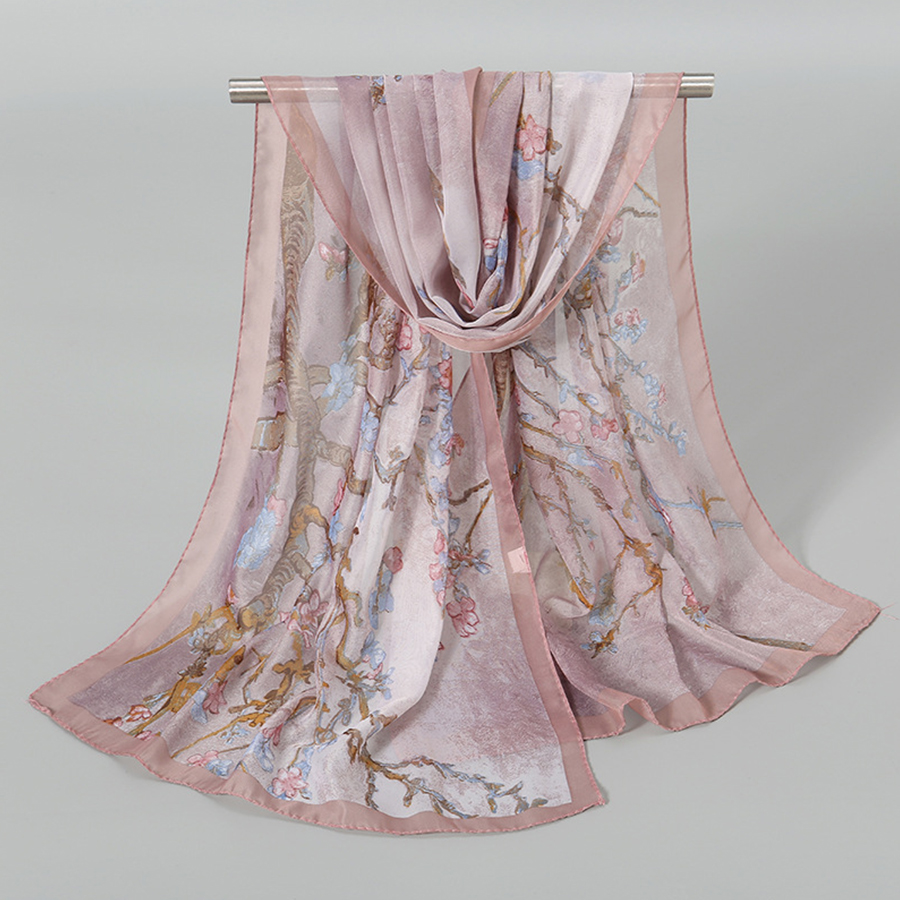 Écharpe en soie pour femmes, motif de fleur de prunier, écharpe longue en gaze, protection solaire, sac à bandoulière, foulard