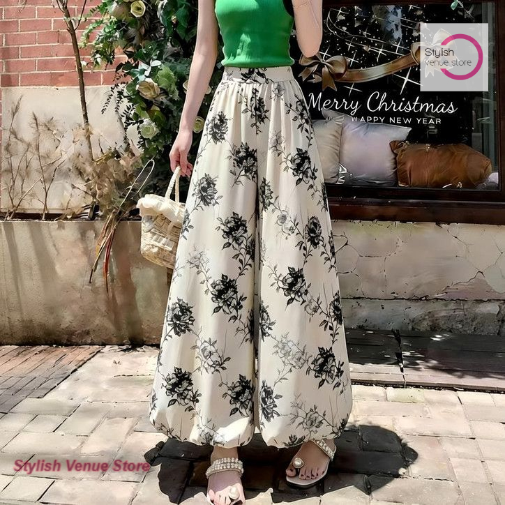 Pantalon coréen à taille haute et coupe lanterne, style floral, pour femme, nouvelle collection printemps-été, décontracté, ample, anti-UV, fluide, à jambes larges.