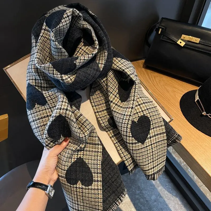 Double face Imitation cachemire écharpe hiver femmes amour coeur Plaid dames longue épaissie chaud tricoté écharpe Hijab étole