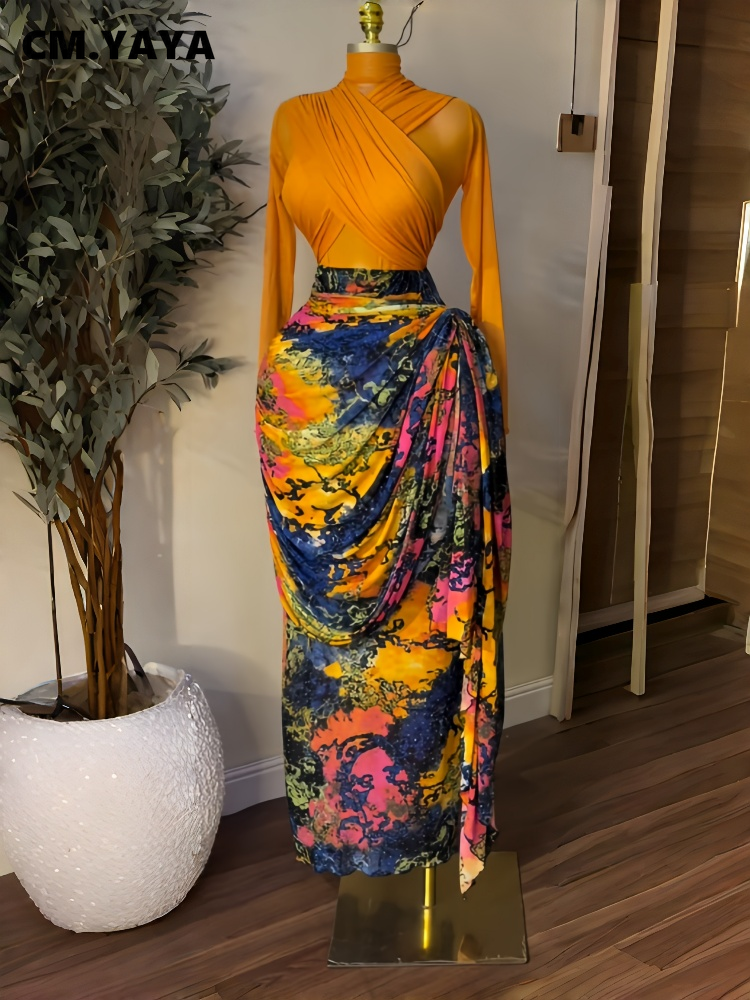 Ensemble de vêtements pour femmes CM.YAYA : hauts + jupe longue ou mini jupe moulante plissée à rubans, ensemble 2 pièces pour les vacances.