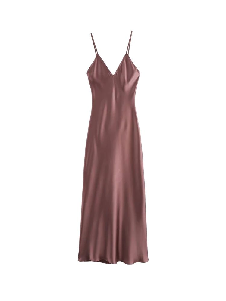 Robe mi-longue en Satin pour femmes, col en V, bretelles fines, dos nu, robes féminines, mode Sexy