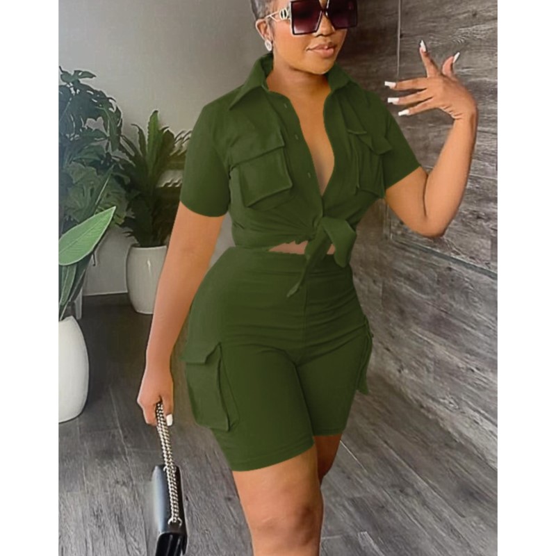 Ensemble deux pièces pour femmes, tenue d'été, mode, couleur unie, col rabattu, chemises à manches courtes, haut et poches décontractées, ensembles Streetwear