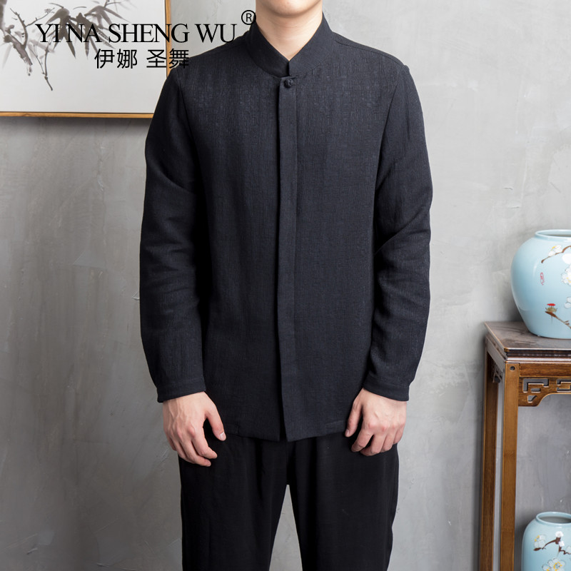Chemise à manches longues en lin de coton de style chinois pour hommes, vêtements décontractés pour hommes, haut à col montant trempé, vêtements rétro Tang, grande taille