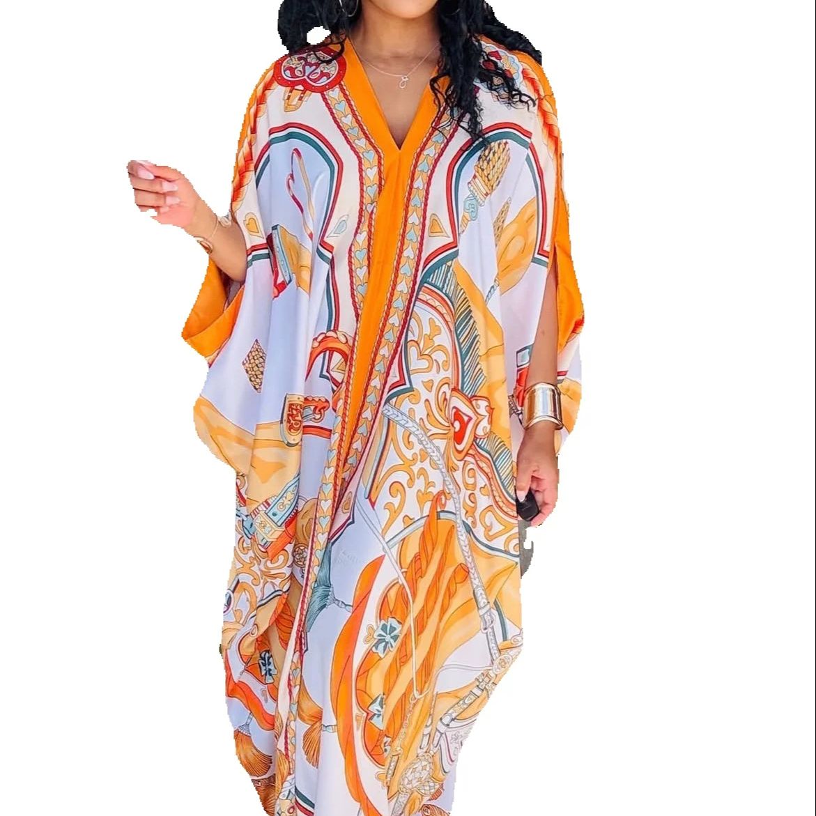 Vêtements de plage d'été robe caftan ample élégant imprimé femmes musulmanes Boho col en v soie robe Maxi femme africaine Streetwear Abaya