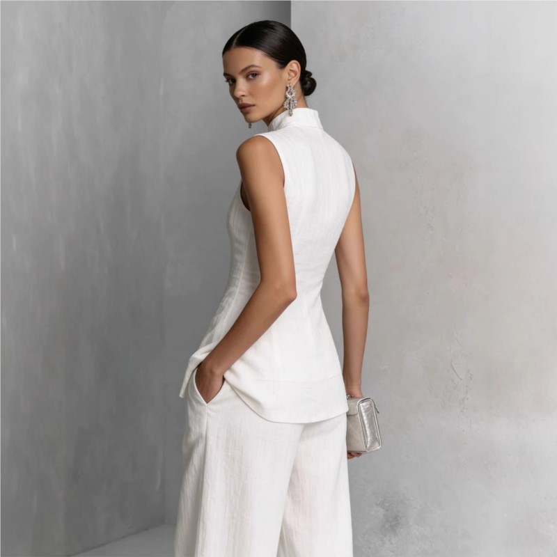 Nouvel ensemble de costume en coton et lin uni pour femme : haut sans manches à col roulé et pantalon taille haute, tenue ample boutonnée printemps-été