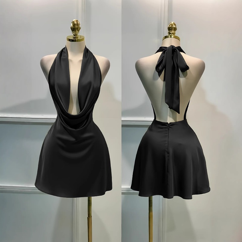 Robe en satin pour femme – Fermeture éclair au dos, dos ouvert, ajustée, pour les vacances, les soirées et les occasions spéciales