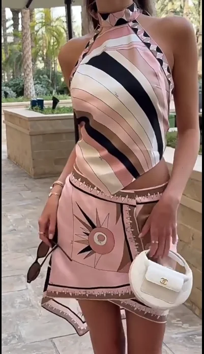 Ensemble deux pièces style plage imprimé, jupe irrégulière, haut dos nu à lacets pour femme, ensembles 2 pièces décontractés pour les vacances
