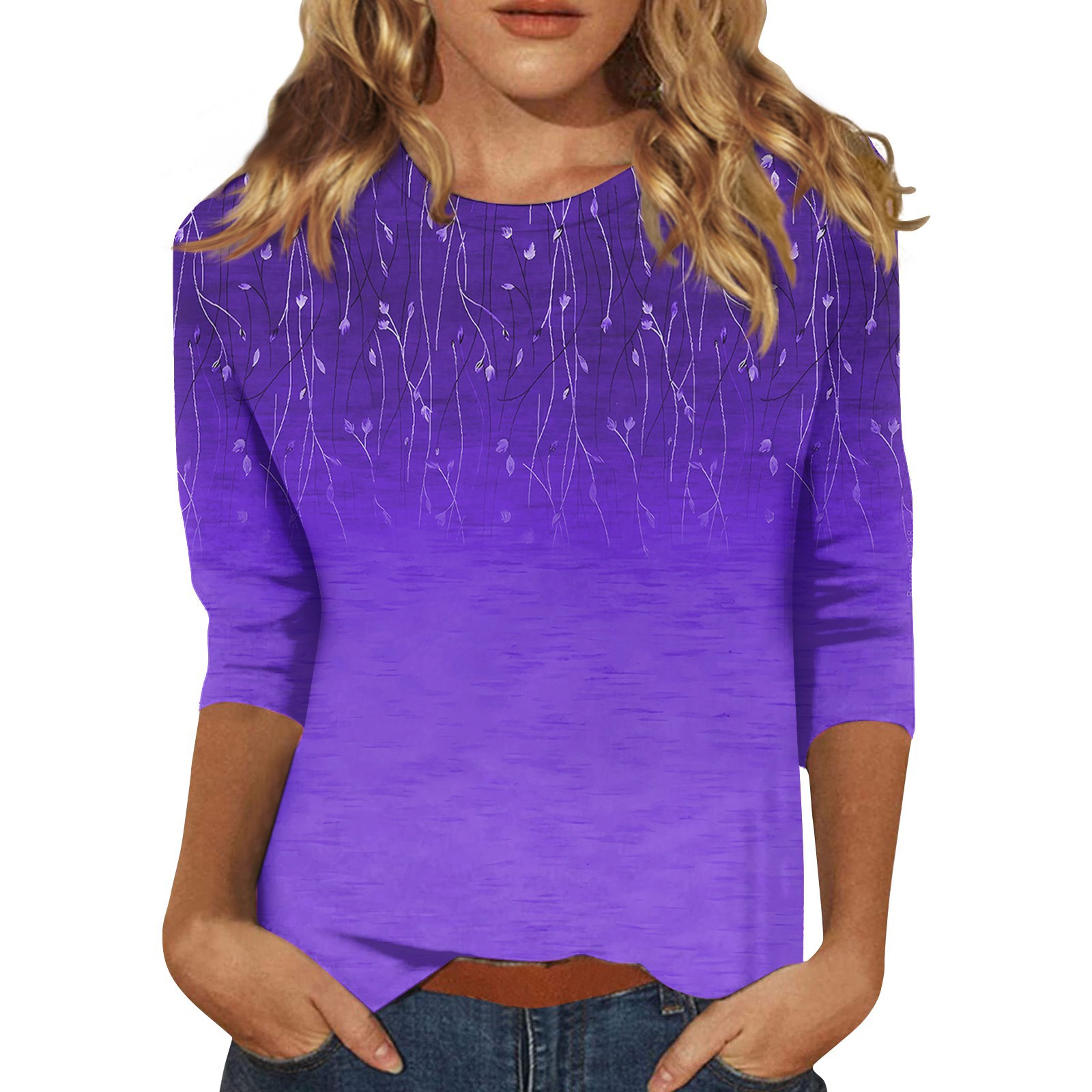 T-shirt à manches trois-quarts à col rond pour femmes, chemisier décontracté, haut imprimé, mode pour dames, été, 2024