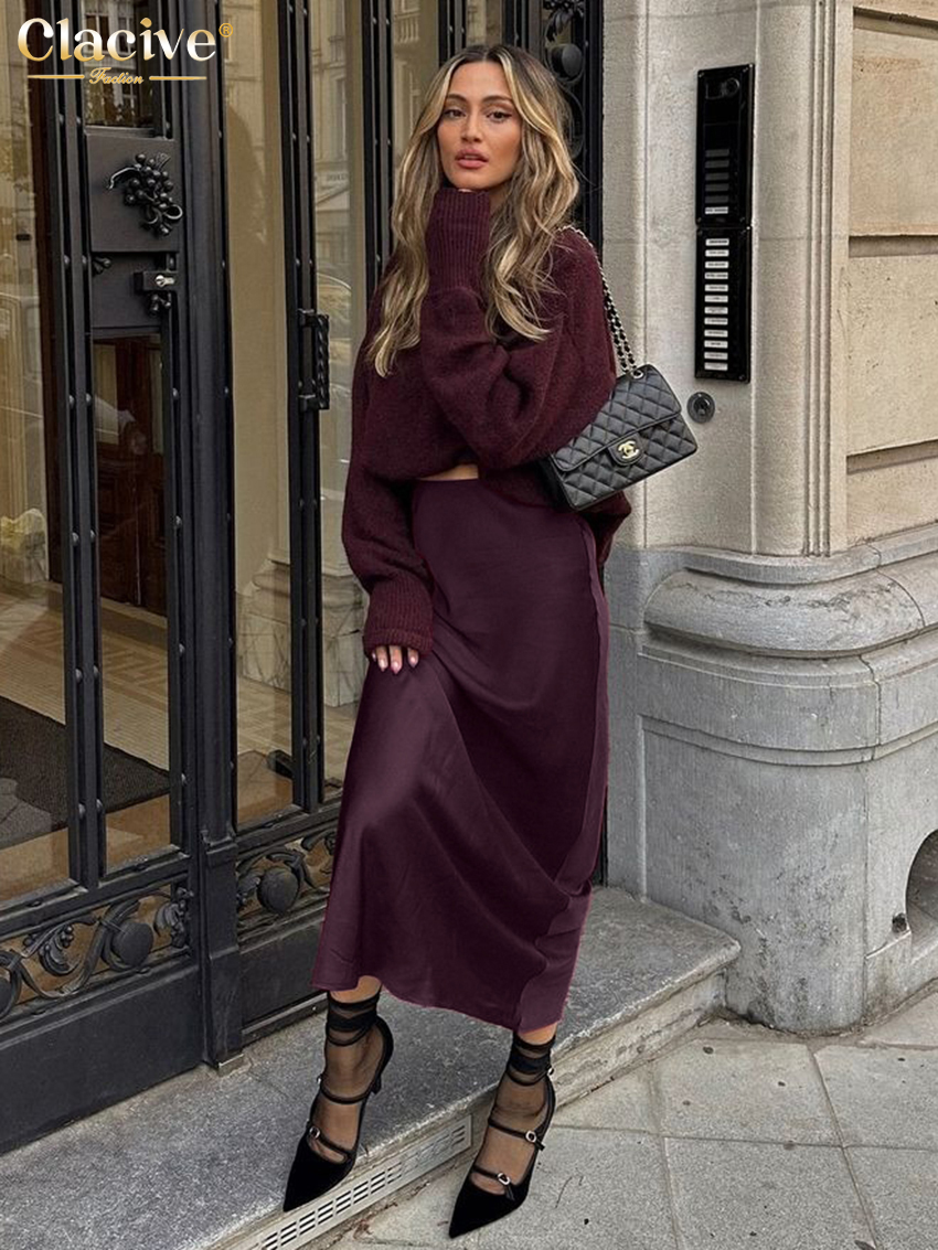 ClacMarkets-Jupe en satin rouge vin pour femme, élégante, taille haute, longueur de rinçage, décontractée, simple, vêtements féminins, mode