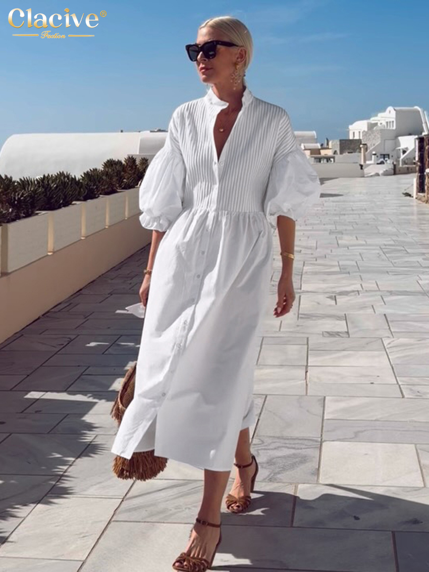 Robe décontractée en coton blanc ample pour femme Clacive Fashion, col montant, manches mi-longues, robes midi élégantes, robe classique à lacets pour femme