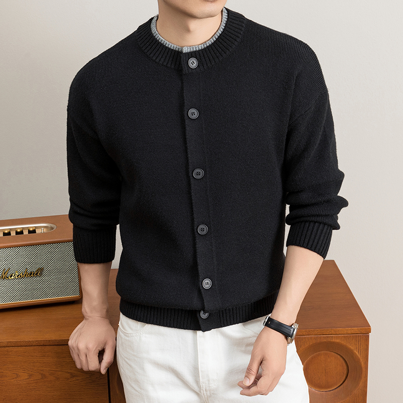 Cardigan décontracté pour homme, pull tricoté à col rond boutonné, doux et chaud, couleur unie, manches longues, vêtements polyvalents pour homme