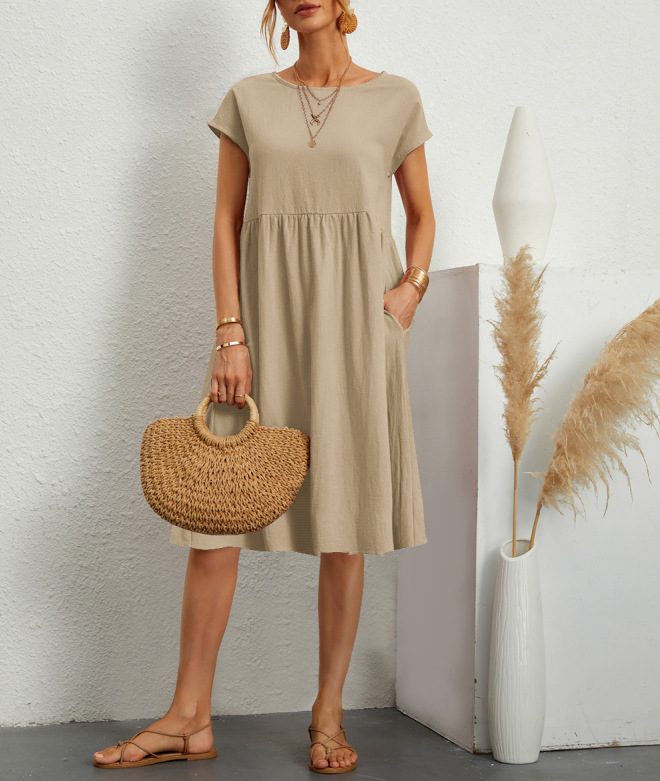 Robe en coton et lin pour femmes, tenue d'été décontractée avec poches d'épissure, vêtements féminins à la mode, manches courtes, ample, mi-longue