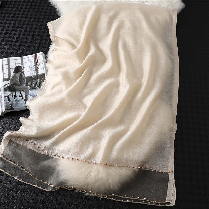 Mode nouvelles femmes soie coton mélange écharpe châle plaine doux sauvage perlé Turban Match luxe dames voyage Protection solaire foulards