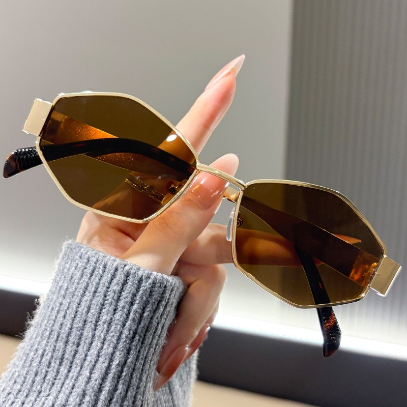 Lunettes de soleil tendance populaires, lunettes de soleil polygonales en métal, lunettes de soleil haut de gamme pour femmes, idéales pour la photographie de rue.