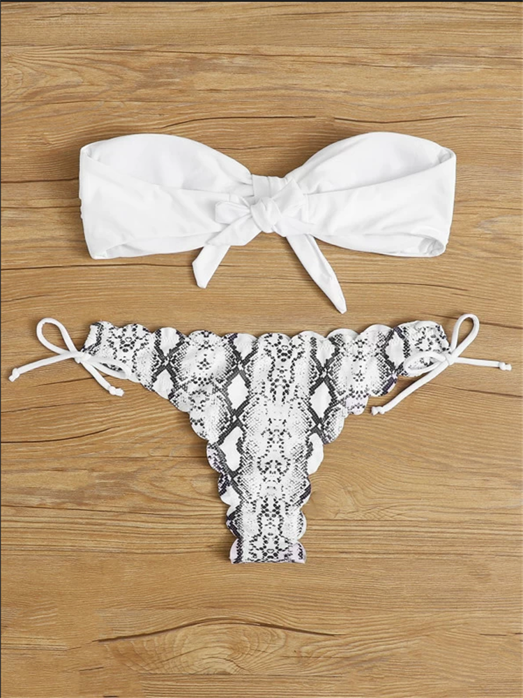Maillot de bain femme 2026 sexy, style bikini bandeau, imprimé léopard, avec laçage frontal, push-up, volants et nœud, coupe string