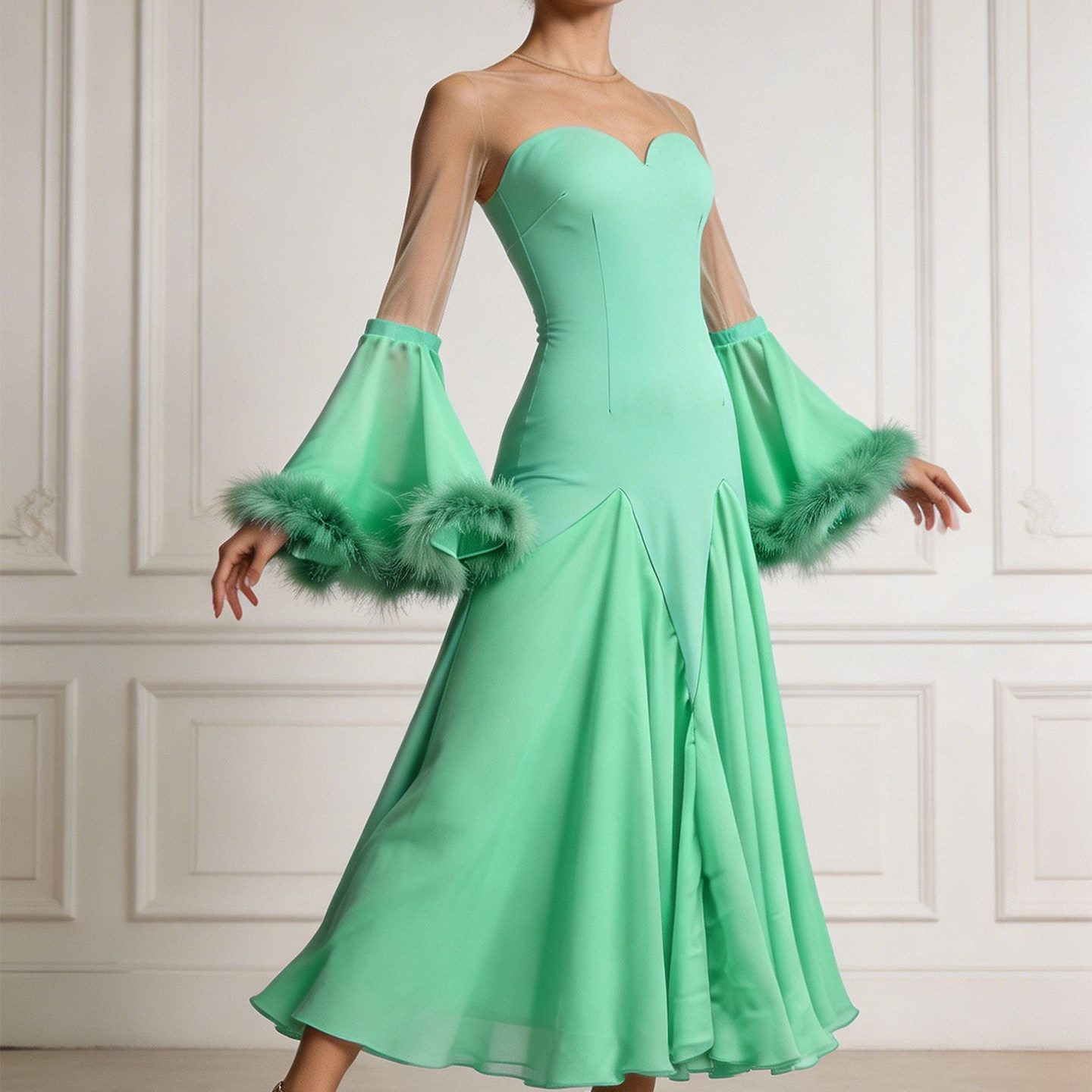 Nouvelle robe de danse de salon pour femmes, tenue de danse standard moderne, vêtements de compétition de valse, robes de performance à manches longues avec plumes
