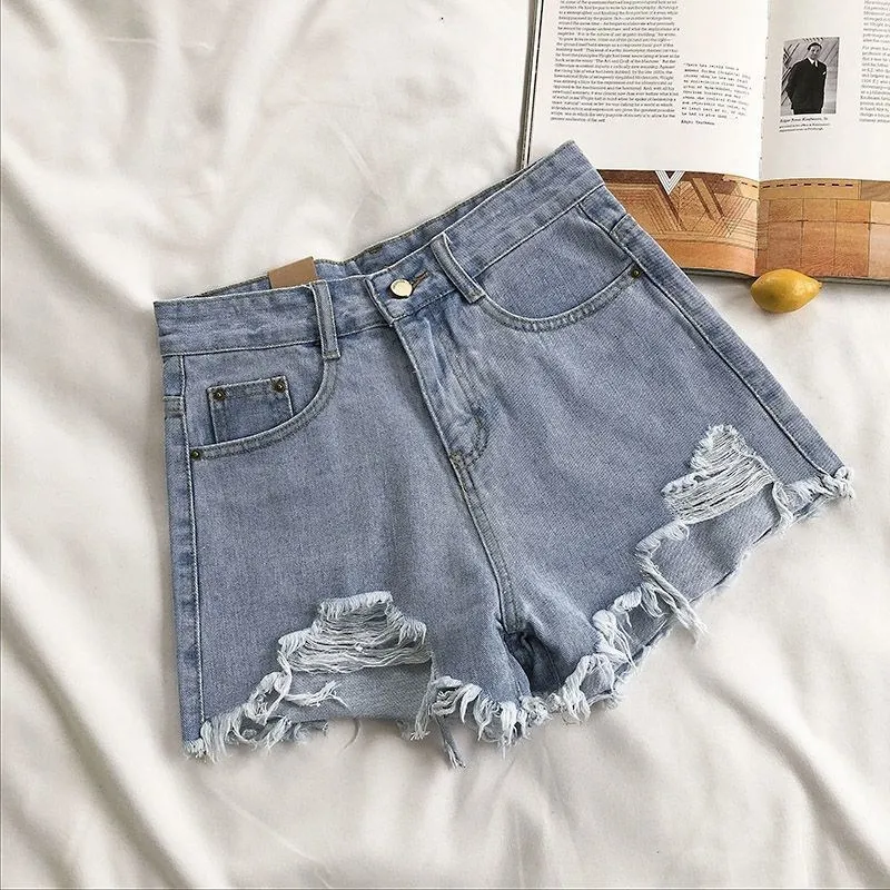Short en Denim coréen pour femmes, mode d'été décontractée, taille haute, déchiré, poche avec pompon, pantalon chaud Y2K, Streetwear, pantalon bleu