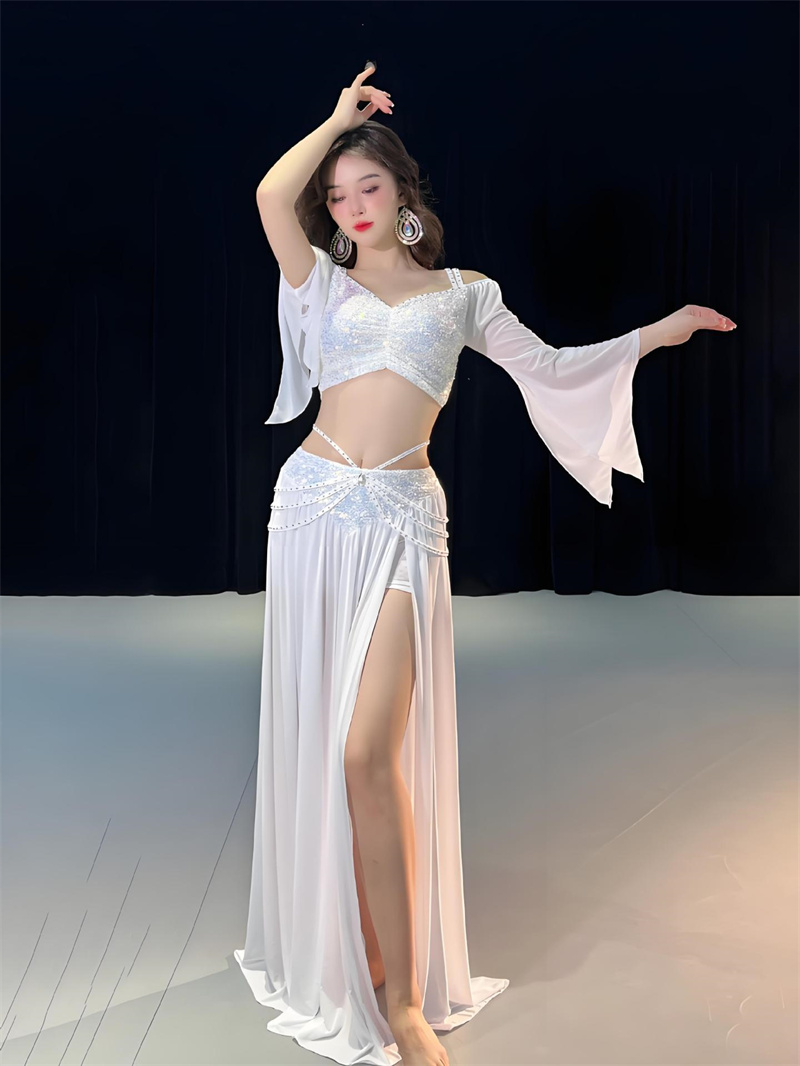 Costume d'entraînement de danse du ventre pour femmes, 2 pièces, manches longues, jupe fendue sur le côté, tenue à paillettes, spectacle de danseuse orientale, vêtements en gaze XL