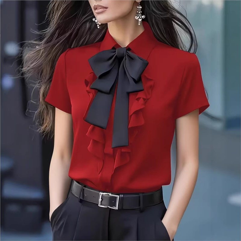Chemisier d'été pour femme, nouvelle mode, uni, avec nœud et volants, style vintage, manches courtes, chemise blanche, vêtements féminins 2026
