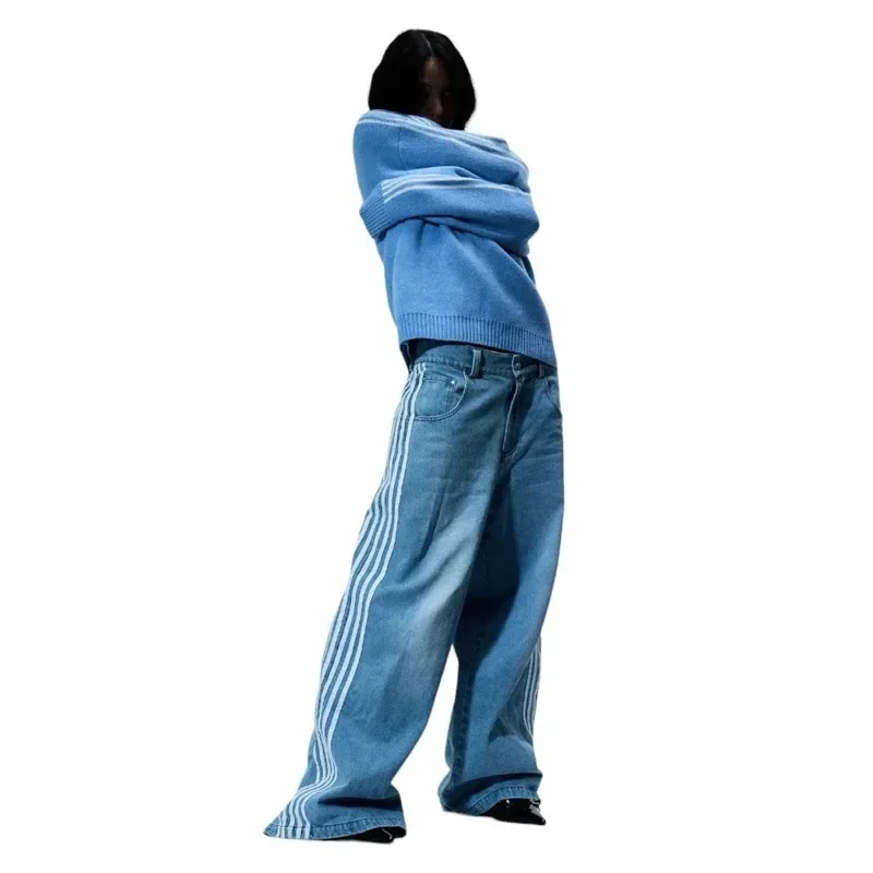 Streetwear Baggy Jeans Hommes Femmes Y2K Rayé Brodé Simple Jeans Décontractés Harajuku Rétro Lâche Pantalon À Jambes Larges Pantalon Unisexe