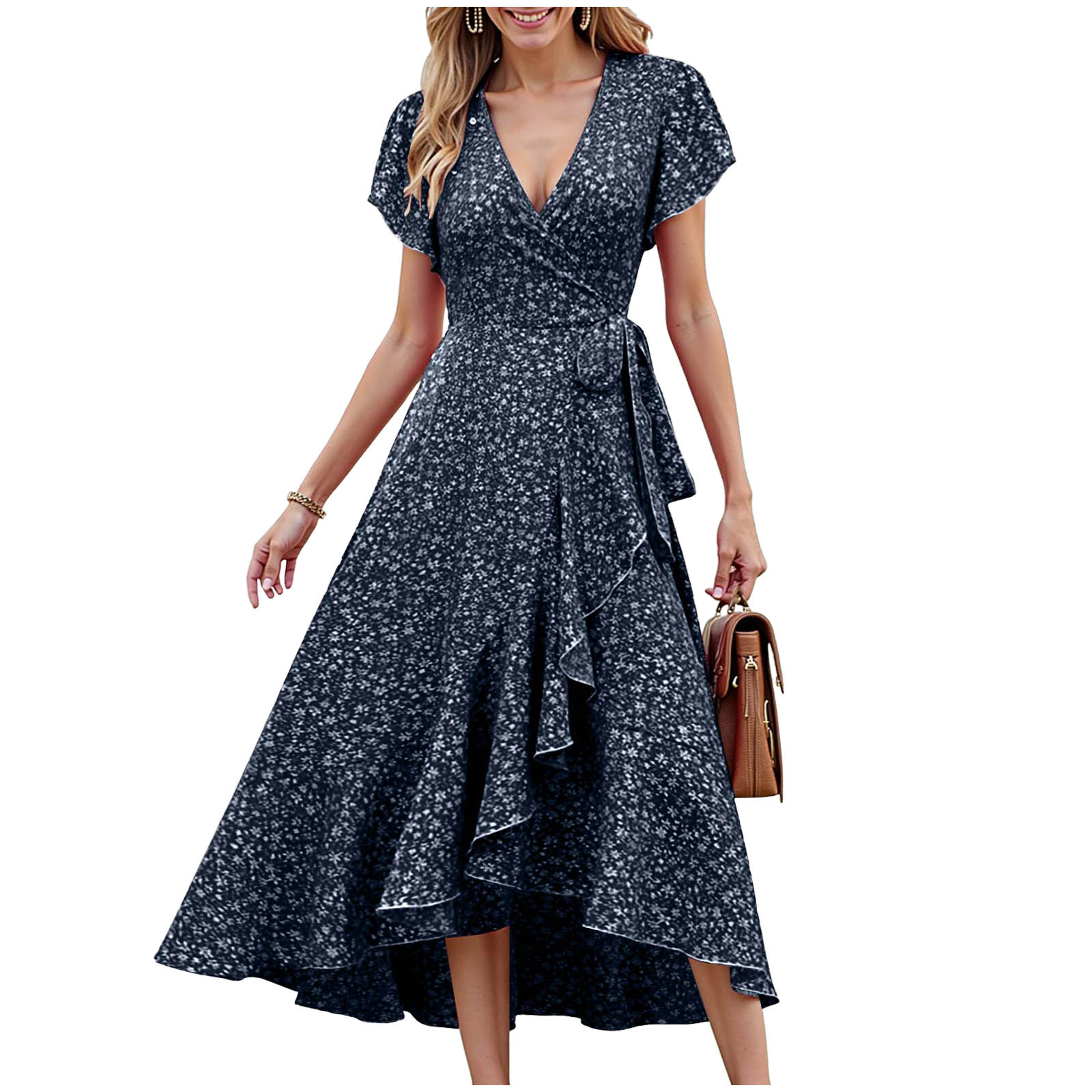 Robes d'été bohèmes pour femmes, imprimé floral, ourlet à volants, robe longue irrégulière, col en V, à lacets, taille haute, manches courtes, robe décontractée