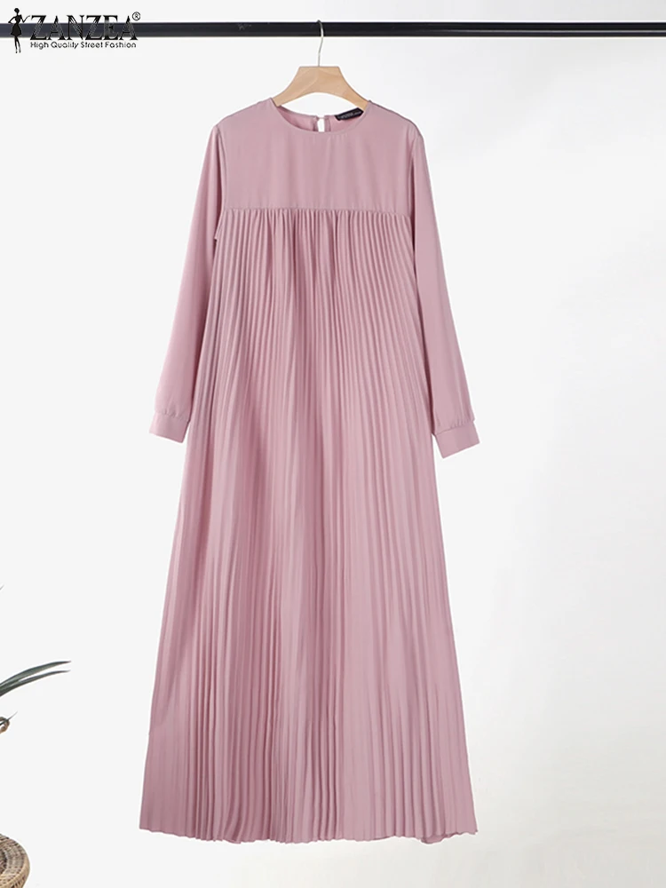 2025 ZANZEA musulman Abaya Hijab Robe femmes élégant à manches longues plissé Robe d'été dubaï Maxi Robe mode décontracté islamique vêtements