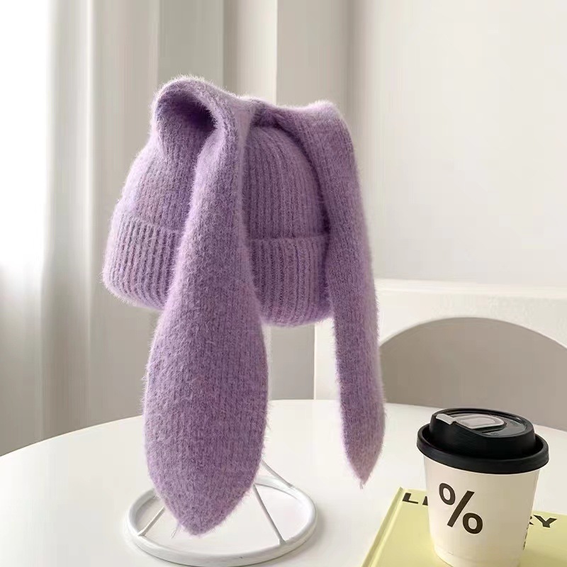 Bonnet d'hiver tricoté douillet pour femme avec oreilles de lapin 3D, doux, extensible et chaud pour le froid, cadeau mignon pour elle
