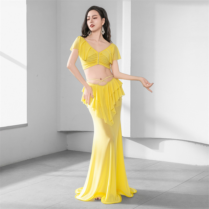 Costume de danse du ventre arabe Sexy, 2 pièces, tenue de scène en gaze pour femmes, manches courtes à volants, jupe longue en queue de poisson avec écharpe de hanche pour adultes