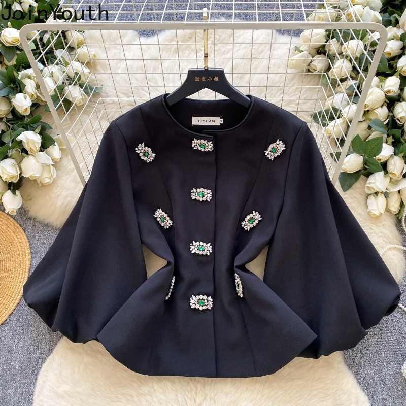 Vêtements pour femmes tempérament vestes diamant lourd col rond lanterne manches manteaux hauts 2025 Ropa Mujer taille mince Chic vêtements d'extérieur