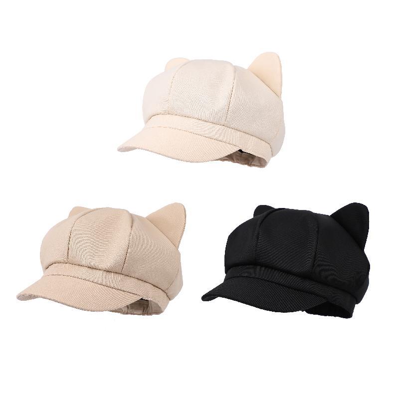 Béret femmes mignon chat oreille doux octogonal chapeaux pour femmes casquette gavroche peintre chapeau Style coréen couleur unie noir